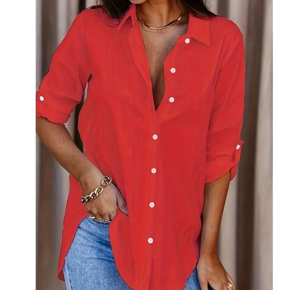 Classic button Down Boyfriend Rolled Sleeve Top - Picture 2 of 9